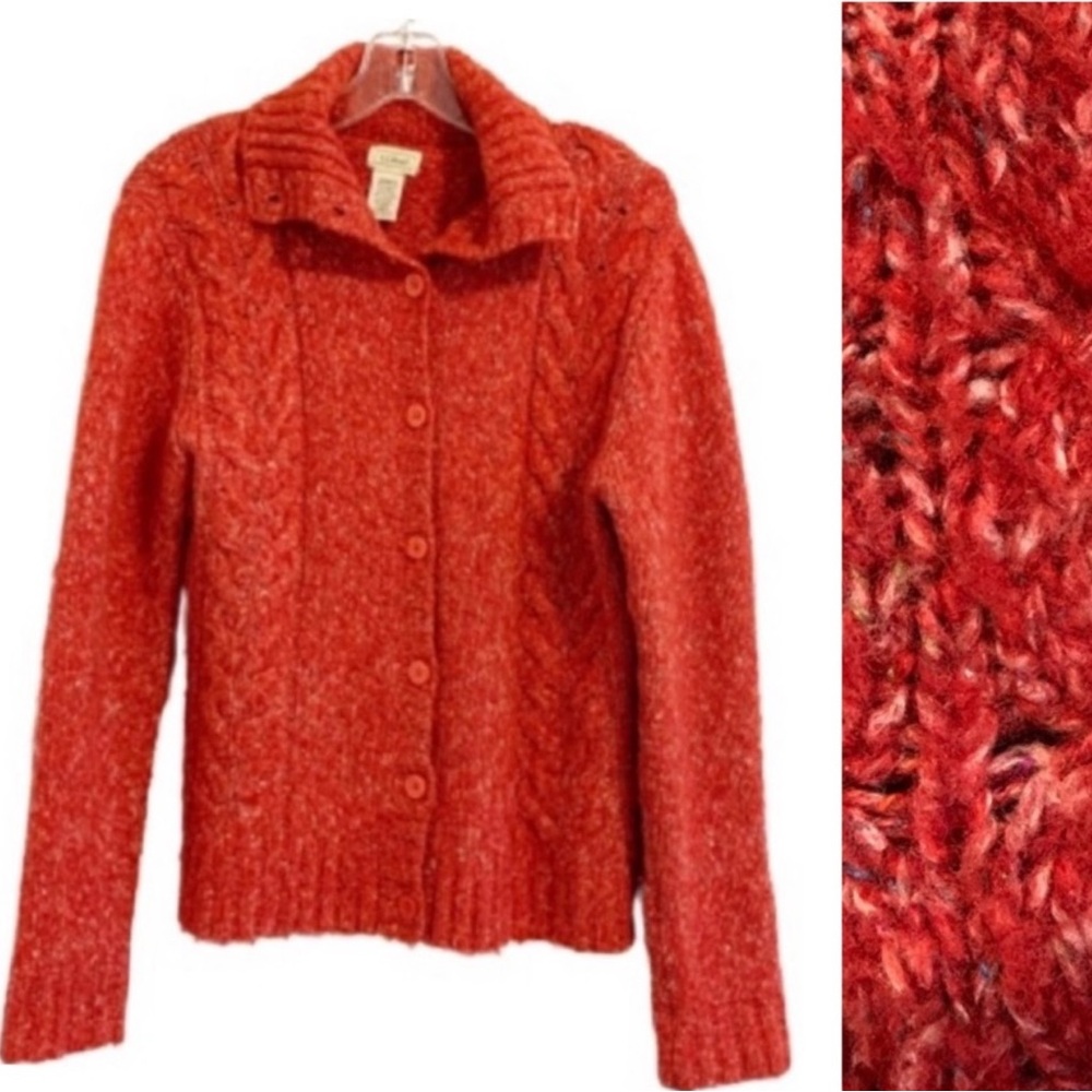 ❤️ LL BEAN Wool Blend Cable Knit Button Up Long Sleeve Collared Cardigan